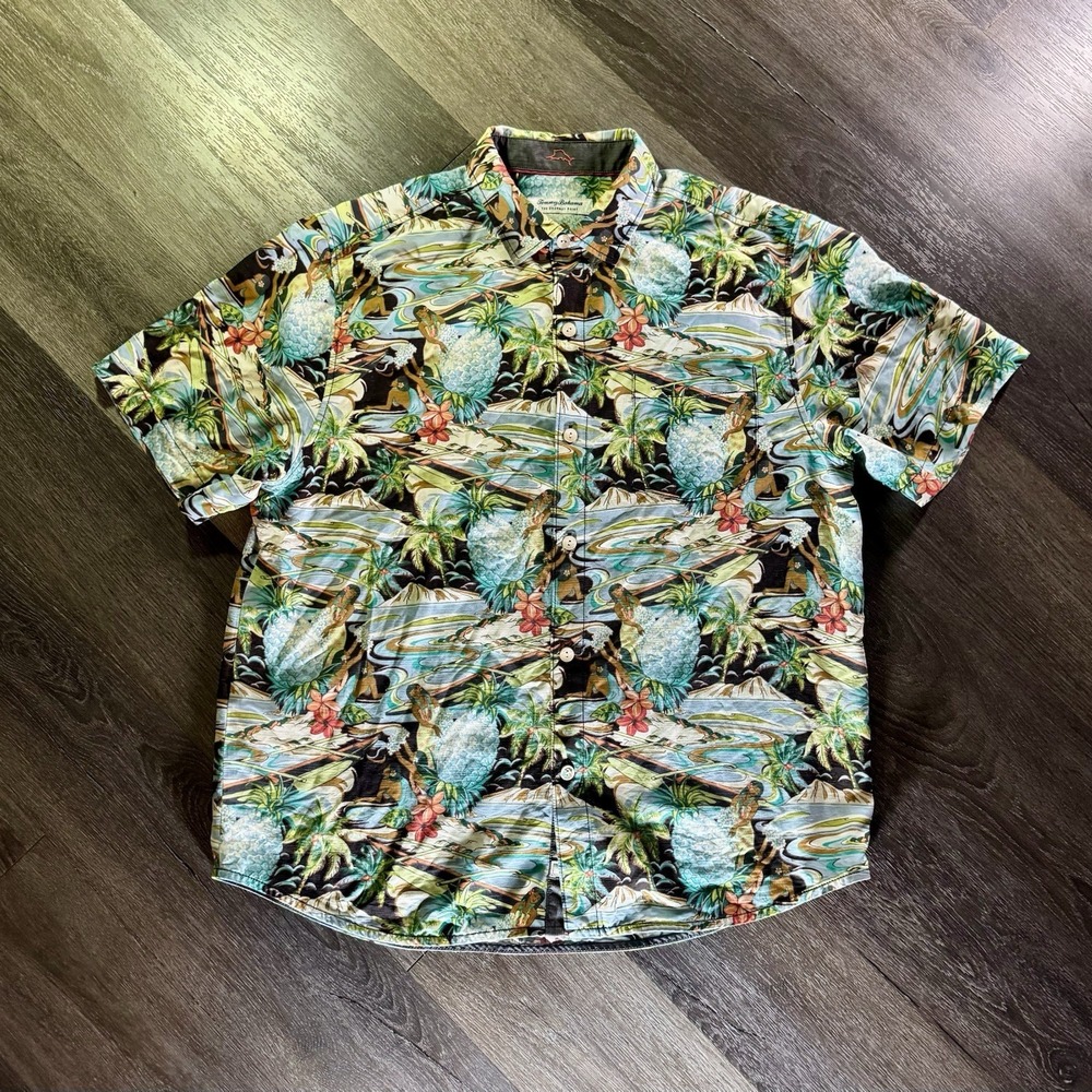 Tommy Bahama Coconut Point Shirt Mens Sz L Hawaiian Pineapple Hula Print Modal